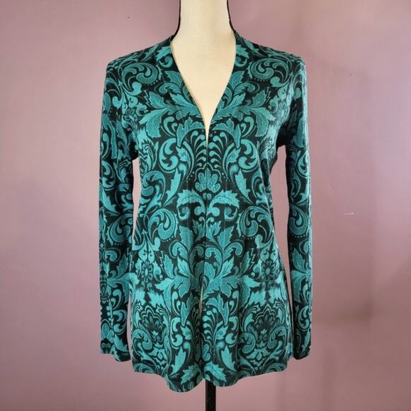 NWT Talbots 100% Merino Wool Turquoise Floral Open Front Lightweight Cardigan - Picture 1 of 14